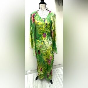 🌿SIMPLI SiLK🌿/Elegant Green and Yellow Floral Maxi Dress With Cover up!